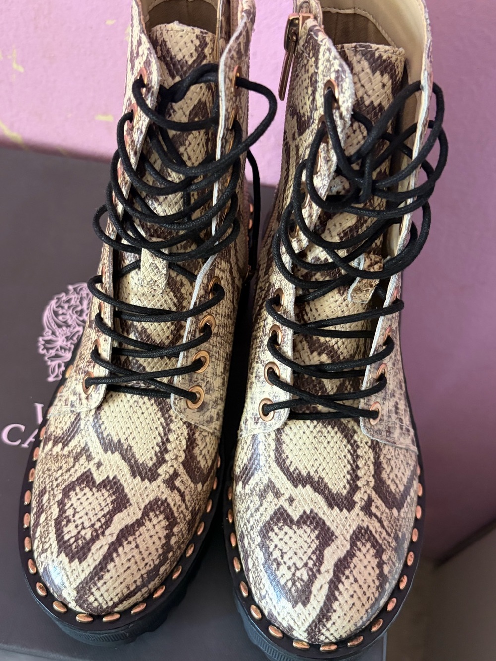 Vince Camuto Snake-Print Lace-Up Combat Boots in Beige and Black